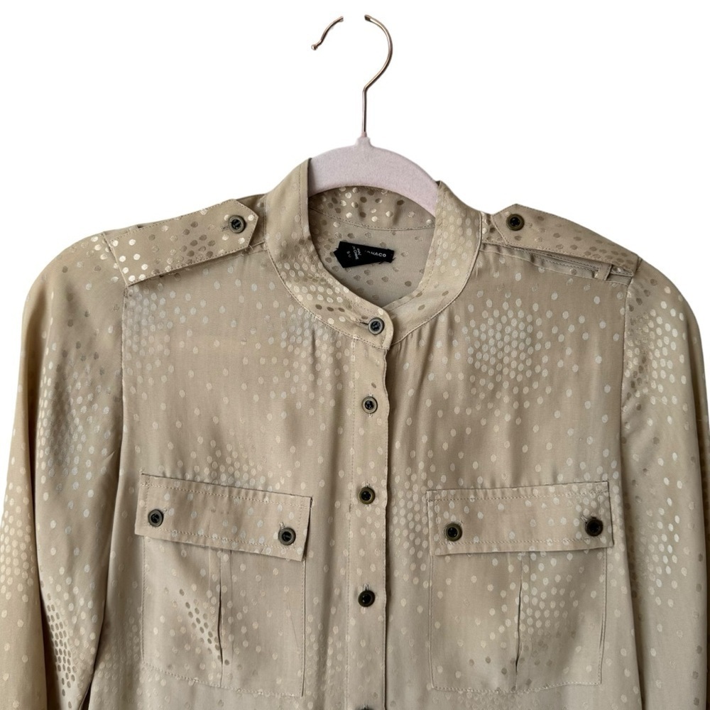 Club Monaco 100% Silk Polka Dot Button Up Tan Gold Blouse Women's XS - Picture 2 of 7